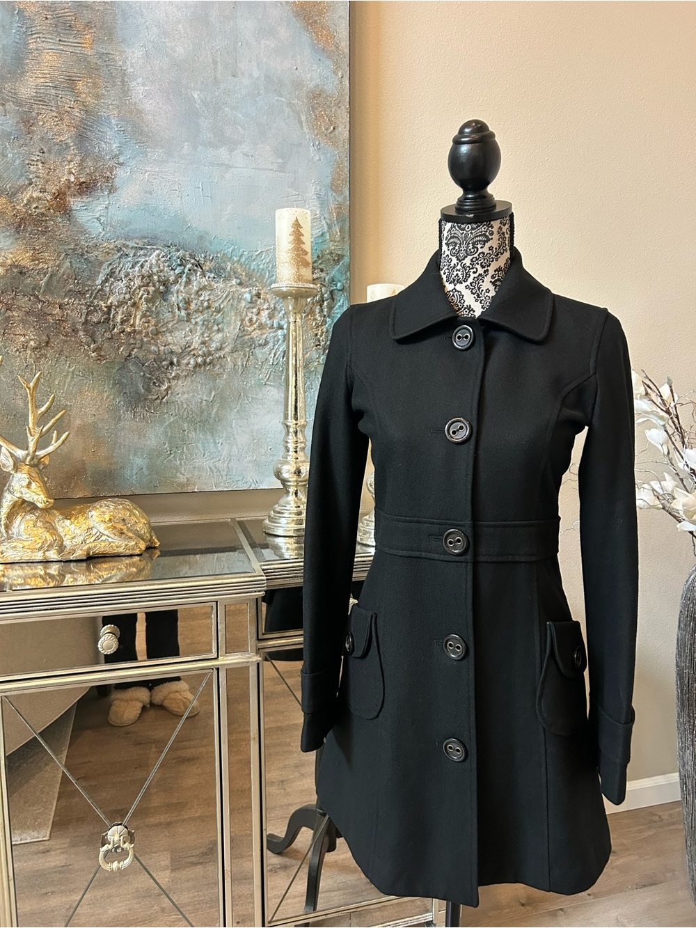 Tulle Black Button-Front Trench Coat S